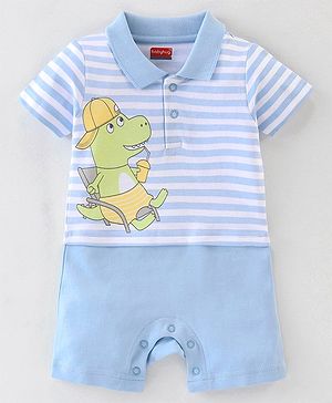 Babyhug 100% Cotton Half Sleeves Stripe Romper Dino Print - Blue