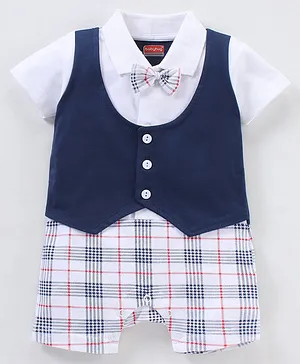 Babyhug 100% Cotton Half Sleeves Checks Party Romper with Bow - Navy Blue