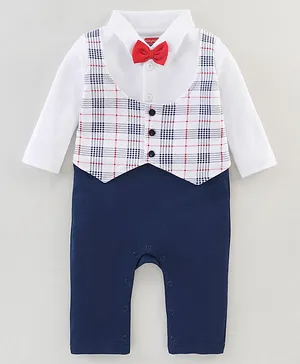 Babyhug 100% Cotton Full Sleeves Checks Party Romper - Navy Blue