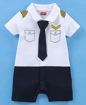 Babyhug 100% Cotton Knit Half Sleeves Romper with Tie Pilot Print - Navy Blue