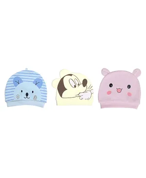 MOMISY 3 Piece Small Cartoon Design Baby Cotton Cap Cat Blue Mickey Light Yellow Panda Pink - Multicolour