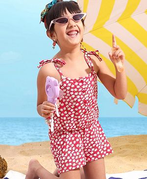 Babyhug 100% Cotton Knitted Singlet Sleeves Jumpsuit Floral Print - Red