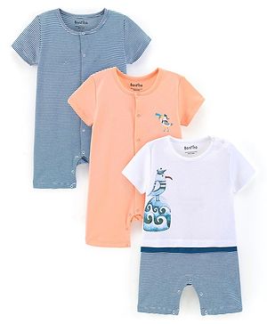 Bonfino 100% Cotton Half Sleeves Rompers Bird Print - White  Orange & Blue