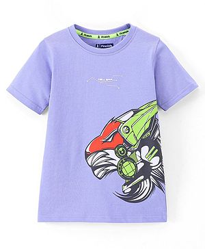 Pine Kids 100% Cotton Half Sleeves Lion Printed Biowashed T-Shirt - Purple