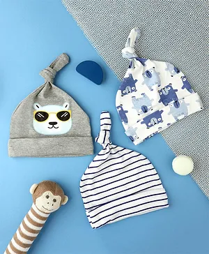 Kicks & Crawl Pack Of 3 Bear Print And Striped Knotted Caps - Blue White