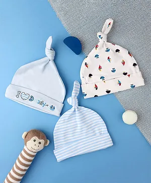 Kicks & Crawl Pack Of 3 Boat Printed I Love Daddy Embroidered And Striped Knotted Caps - Blue White