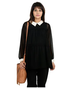 9teenAGAIN Full Sleeves Tiered Lace Edging Maternity Blouse - Black & White