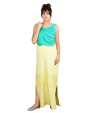 9teenAGAIN  Sleeveless Loungewear Draped Panel Nursing Maxi Dress - Yellow & Sea Green