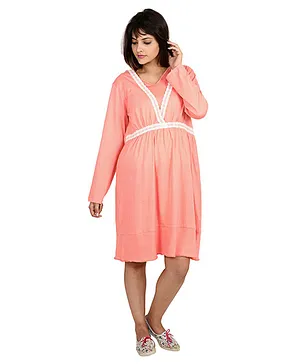 9teenAGAIN Full Sleeves Maternity Nursing Night Dress - Peach