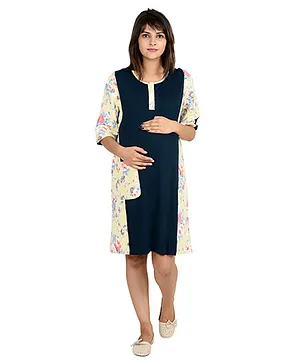 9teenAGAIN Solid And Print Patch Maternity  Nighty- Navy Blue
