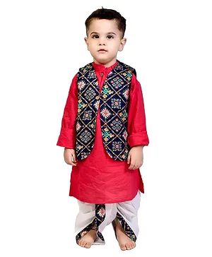 CHAKORI Full Sleeves Kurta With Patola Printed Jacket & Dhoti Set -Red