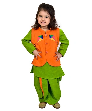 CHAKORI Sankranti Pongal Mehendi Ceremony Theme  Full Sleeves Solid Kurta With Dhoti & Kite Embroidered Jacket - Green & Orange