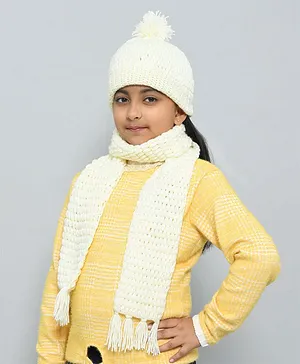 Funkrafts Handmade Woolen Bubble Self Knitted Design Muffler With Cap Set -Off White