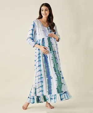 The Kaftan Company Three Fourth Sleeves Crumple Tie & Dye Flared Maternity Lounge Dress - Blue