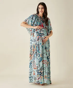 The Kaftan Company Half Batwing Sleeves Seamless Paisley Printed & Frill Detailed Kaftan Maternity Lounge Dress With Front Tie Up - Blue