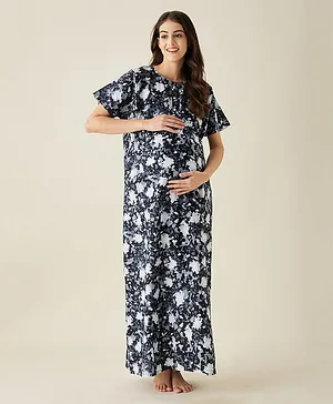 The Kaftan Company Half Sleeves Seamless Abstract Printed Flared Maternity Night Dress - Black