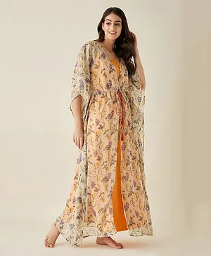 The Kaftan Company Three Fourth Sleeves Seamless Vintage Floral Printed Dobby Work Detailed Cape With Flared Maternity Dress - Off White & Orange