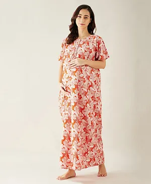 The Kaftan Company Half Sleeves Seamless Tropical Leaves Printed Flared Maternity Night Dress - Orange