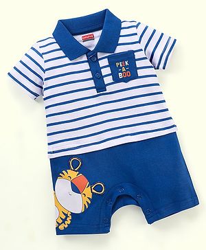 Babyhug 100% Cotton Half Sleeves Stripe Romper - Blue