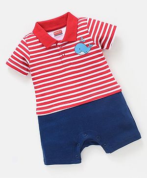 Babyhug 100% Cotton Half Sleeves Stripes Romper - Red