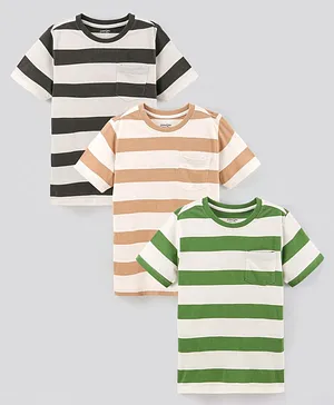 Primo Gino 100% Cotton Half Sleeves Striped T-Shirts Pack Of 3 - Brown Green & Grey