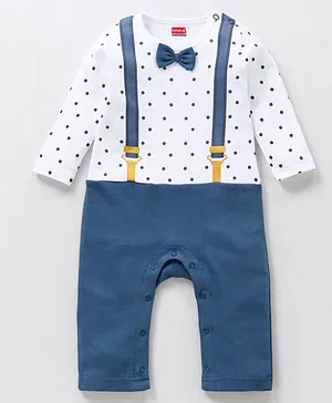 Babyhug 100% Cotton Knit Full Sleeves Party Romper Polka Dot Print - White