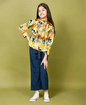 Lilpicks Couture Full Sleeves Forest Printed Peplum Top With Palazzo Pant - Yellow Blue