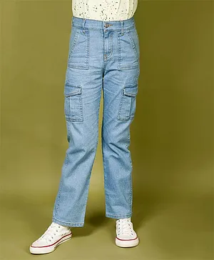 Lilpicks Couture Light Washed Pocket Detail Cargo Jeans Pant - Light Blue