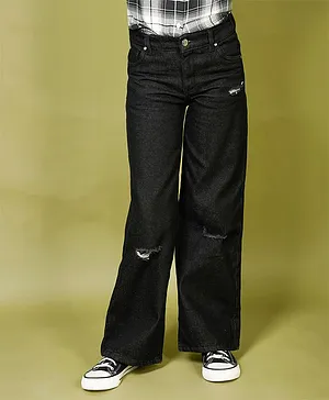 Lilpicks Couture Ruff  Mild Ripped Flared Denim Jeans - Black