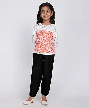 White Dahlia Full Sleeves Schiffli Embroidered & Floral Printed Co Ord Set - Orange & Black