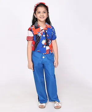 White Dahlia Half Sleeves Seamless Abstract Floral Printed Shirt Style Top With Button Down Pant - Blue