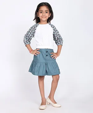 White Dahlia Three Fourth Sleeves Printed Top with Skirt Co Ord Set - White &  Green
