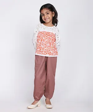 White Dahlia Full Sleeves Schiffli Embroidered & Floral Printed Co Ord Set - Orange & Brown