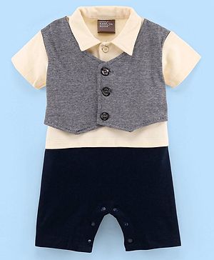 Little Kangaroos Half Sleeves Striped Romper - Butter
