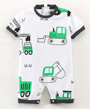 Little Kangaroos Cotton Half Sleeves Romper Vehicle Print - White