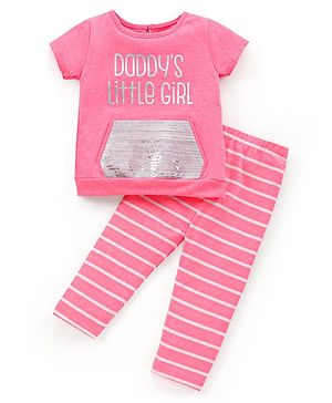 Babyhug 100% Cotton Knit Half Sleeves Text Printed Top and Striped Lounge Pant - Pink
