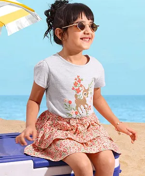 Babyhug Cotton Knit Half Sleeves Top and Skirt Set Dear & Floral Print - Ecru Melange & Peach