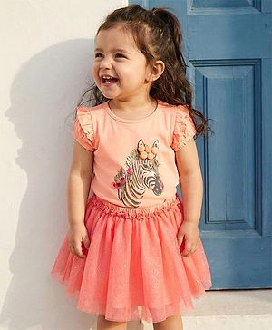 Babyhug 100% Cotton Half Sleeves Top & Skirt with Frill Detailing Zebra Print - Peach & Orange