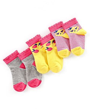 Cute Walk by Babyhug Non Terry Cotton Knit Ankle Length Anti Bacterial Socks Striped Pack of 3 - Yellow & Grey