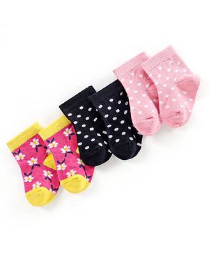 Cute Walk by Babyhug Non Terry Cotton Knit Ankle Length Anti Bacterial Socks Polka Dot Design Pack of 3 - Pink & Black