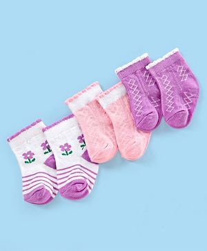 Cute Walk by Babyhug Non Terry Cotton Knit Ankle Length Anti Bacterial Socks Floral Design Pack of 3 - Pink & Purple