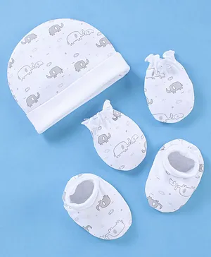 Babyhug 100% Cotton Cap Mittens & Booties Elephant Print White- Diameter 9.5 cm