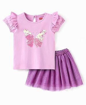 Babyhug Half Sleeves Sequins Top & Skirt - Lilac