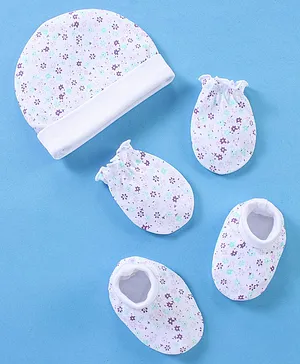 Babyhug 100% Cotton Cap Mittens And Booties Floral Print - White