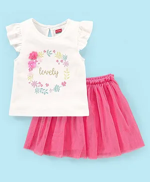 Babyhug 100% Cotton Knit Half Sleeves Top & Skirt Floral Print - White & Pink