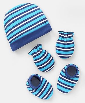 Babyhug 100% Cotton Striped Cap Mittens & Booties Navy Blue - Diameter 11 cm