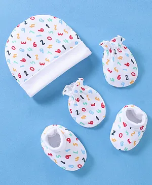 Babyhug 100% Cotton Cap Mittens And Booties Numeric Print - White
