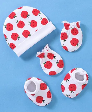Babyhug 100% Cotton Cap Mittens & Booties Apple Print White- Diameter 9.5 cm