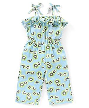 Babyhug 100% Cotton Knitted Off Shoulder Sleeves Jumpsuit Kiwi Print - Blue