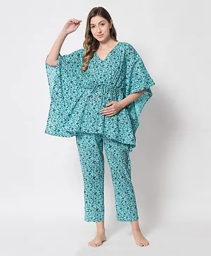 Aujjessa Batwing Sleeves Kaftan Style Maternity Front Zipper Feeding Night Suit - Sea Blue